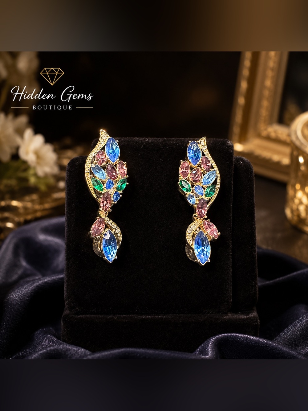 Multicolor Crystal Gold Necklace & Earring Set - Picture 4 of 5